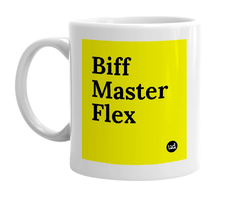 White mug with 'Biff Master Flex' in bold black letters