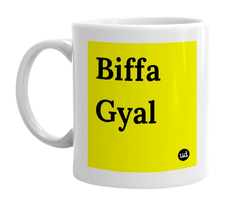 White mug with 'Biffa Gyal' in bold black letters