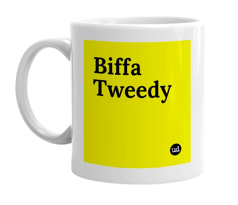 White mug with 'Biffa Tweedy' in bold black letters