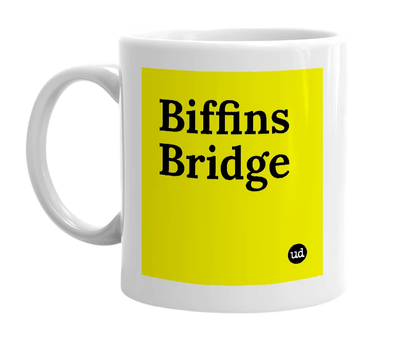White mug with 'Biffins Bridge' in bold black letters