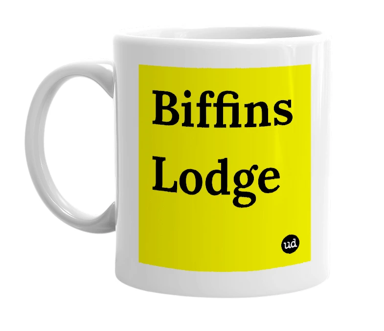 White mug with 'Biffins Lodge' in bold black letters