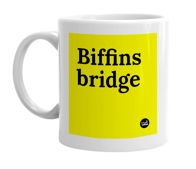 White mug with 'Biffins bridge' in bold black letters