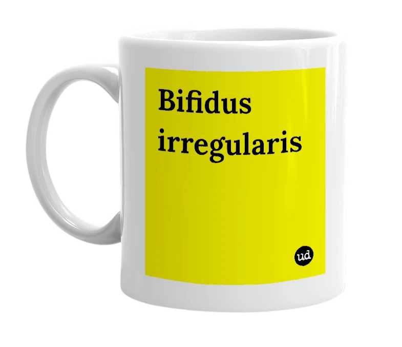 White mug with 'Bifidus irregularis' in bold black letters