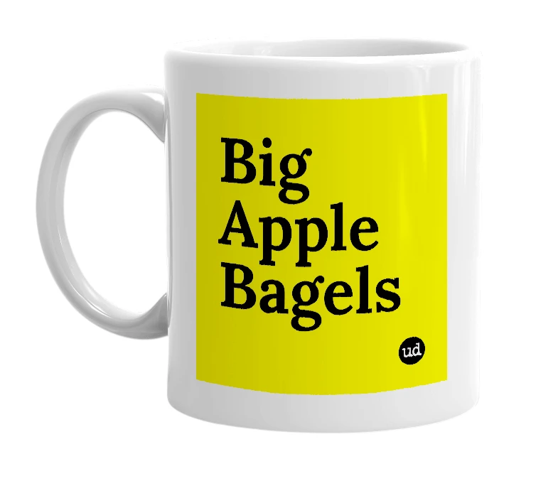 White mug with 'Big Apple Bagels' in bold black letters