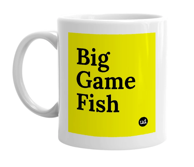 White mug with 'Big Game Fish' in bold black letters