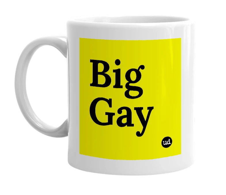 White mug with 'Big Gay' in bold black letters