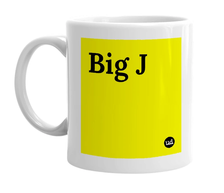 White mug with 'Big J' in bold black letters