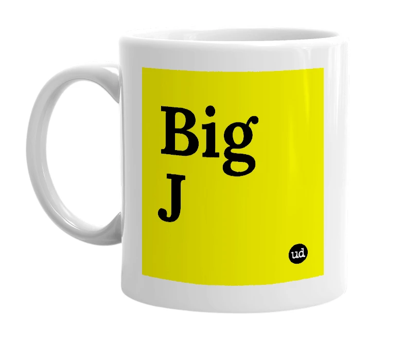 White mug with 'Big J' in bold black letters