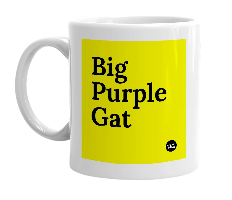 White mug with 'Big Purple Gat' in bold black letters
