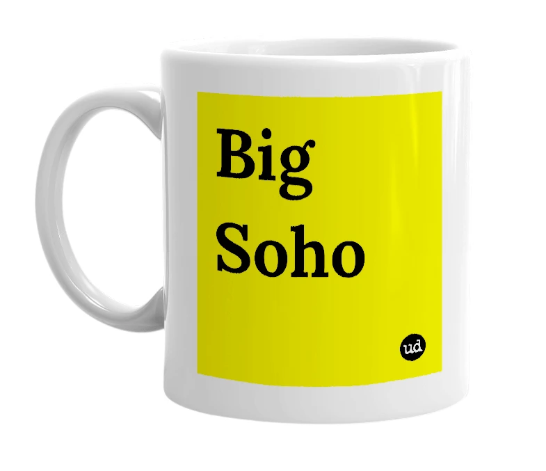 White mug with 'Big Soho' in bold black letters