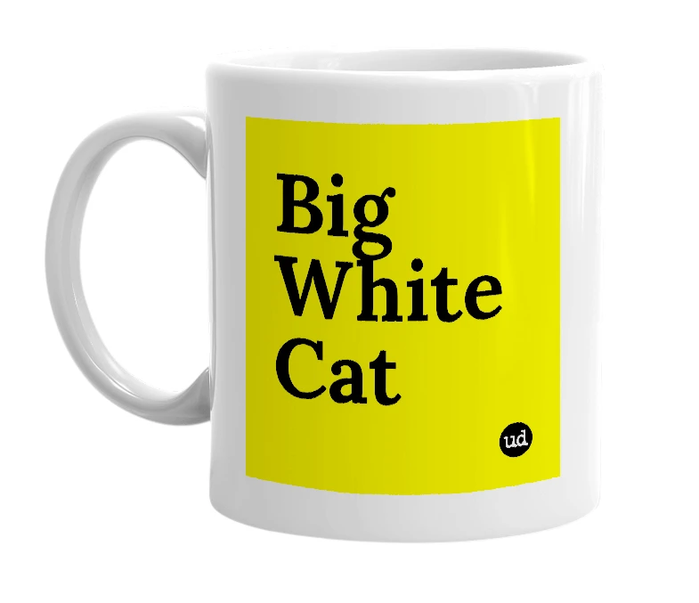 White mug with 'Big White Cat' in bold black letters