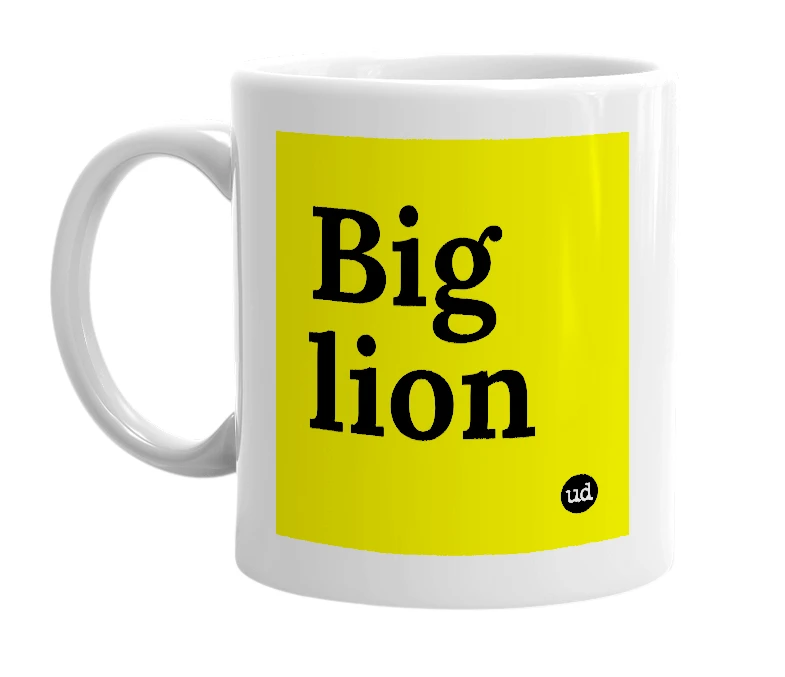 White mug with 'Big lion' in bold black letters