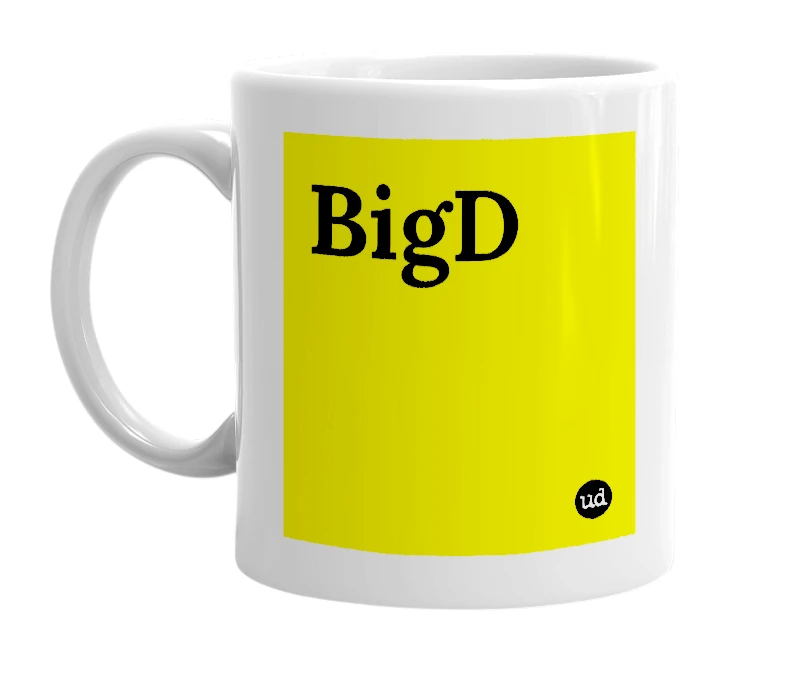 White mug with 'BigD' in bold black letters