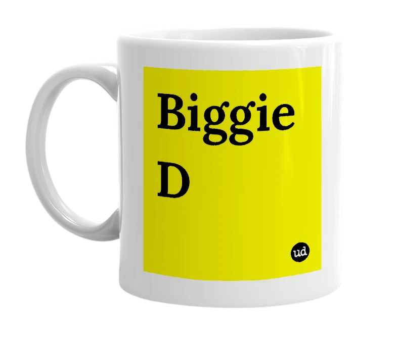 White mug with 'Biggie D' in bold black letters