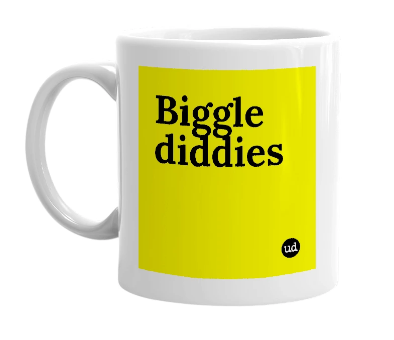 White mug with 'Biggle diddies' in bold black letters
