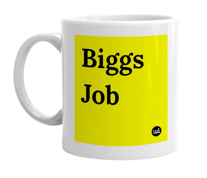 White mug with 'Biggs Job' in bold black letters