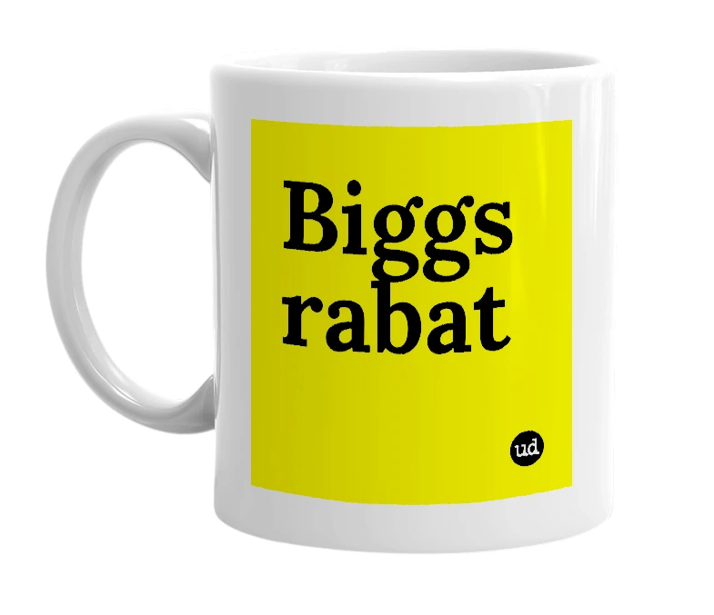 White mug with 'Biggs rabat' in bold black letters