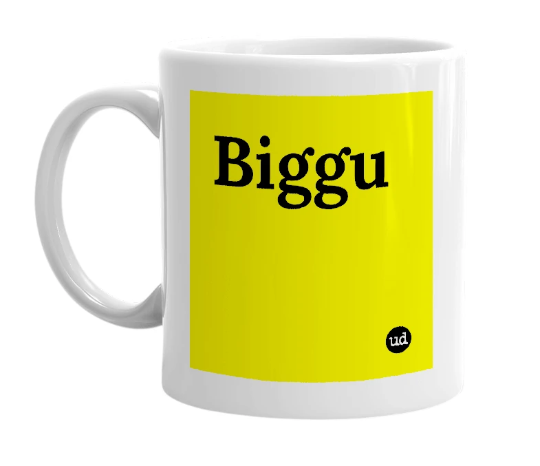 White mug with 'Biggu' in bold black letters