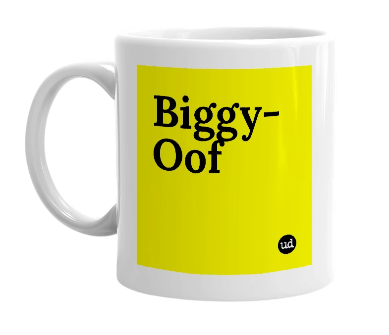 White mug with 'Biggy-Oof' in bold black letters