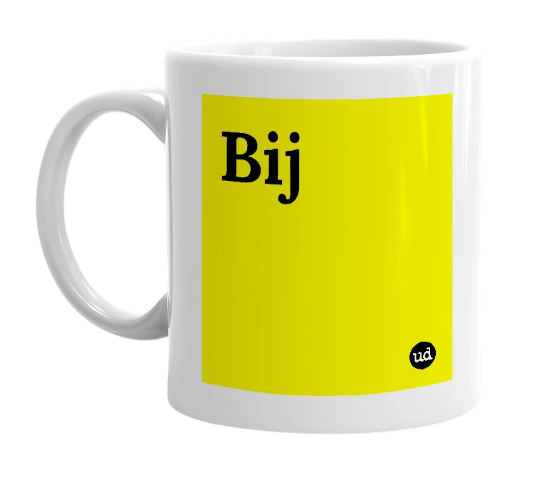 White mug with 'Bij' in bold black letters