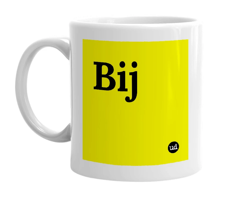 White mug with 'Bij' in bold black letters