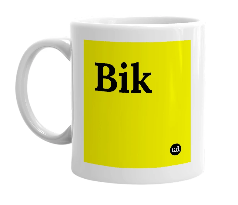 White mug with 'Bik' in bold black letters