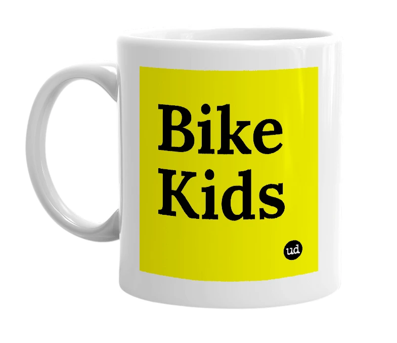 White mug with 'Bike Kids' in bold black letters