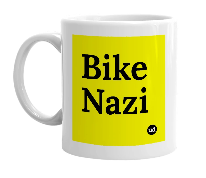 White mug with 'Bike Nazi' in bold black letters