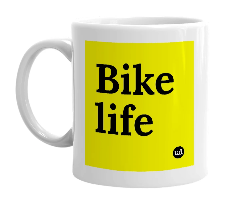 White mug with 'Bike life' in bold black letters
