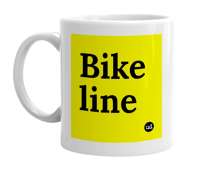 White mug with 'Bike line' in bold black letters
