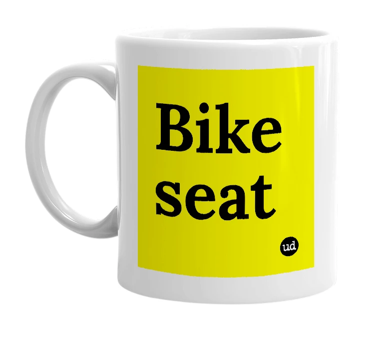 White mug with 'Bike seat' in bold black letters