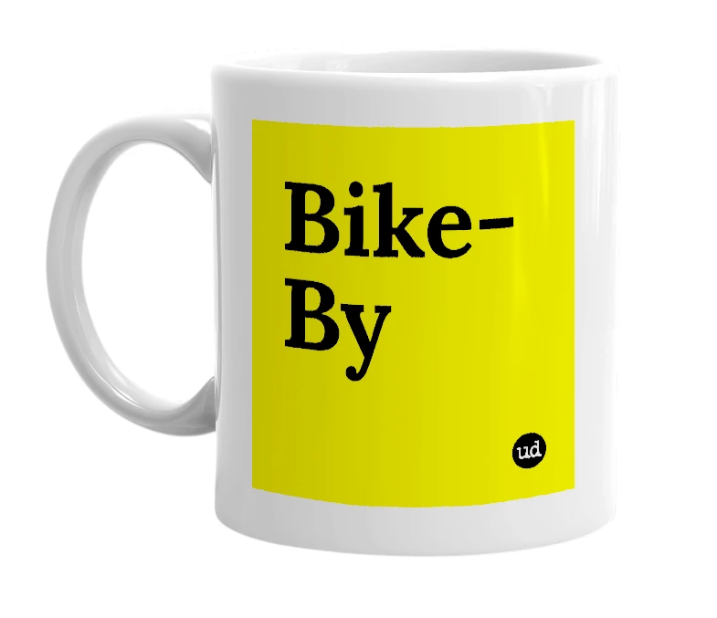 White mug with 'Bike-By' in bold black letters