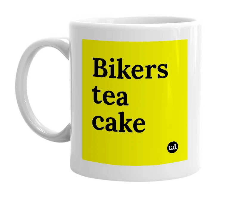 White mug with 'Bikers tea cake' in bold black letters