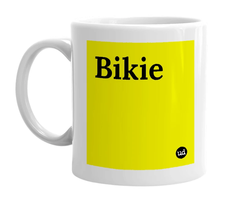 White mug with 'Bikie' in bold black letters