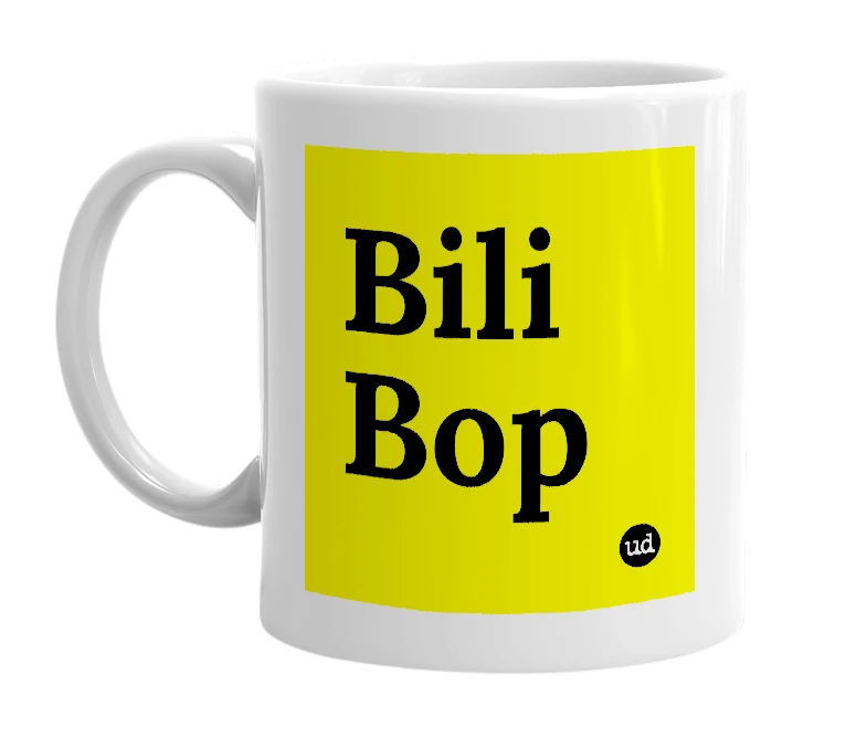 White mug with 'Bili Bop' in bold black letters