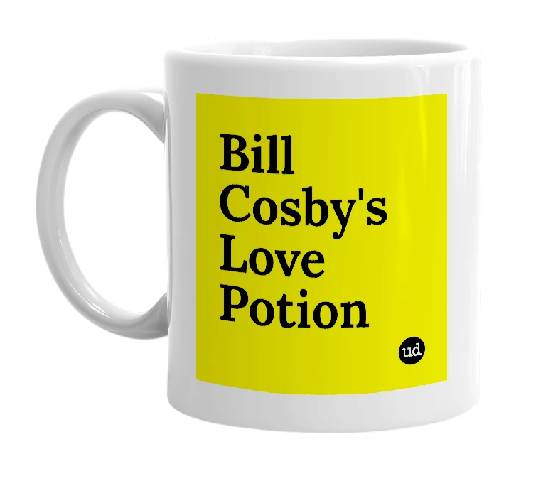 White mug with 'Bill Cosby's Love Potion' in bold black letters