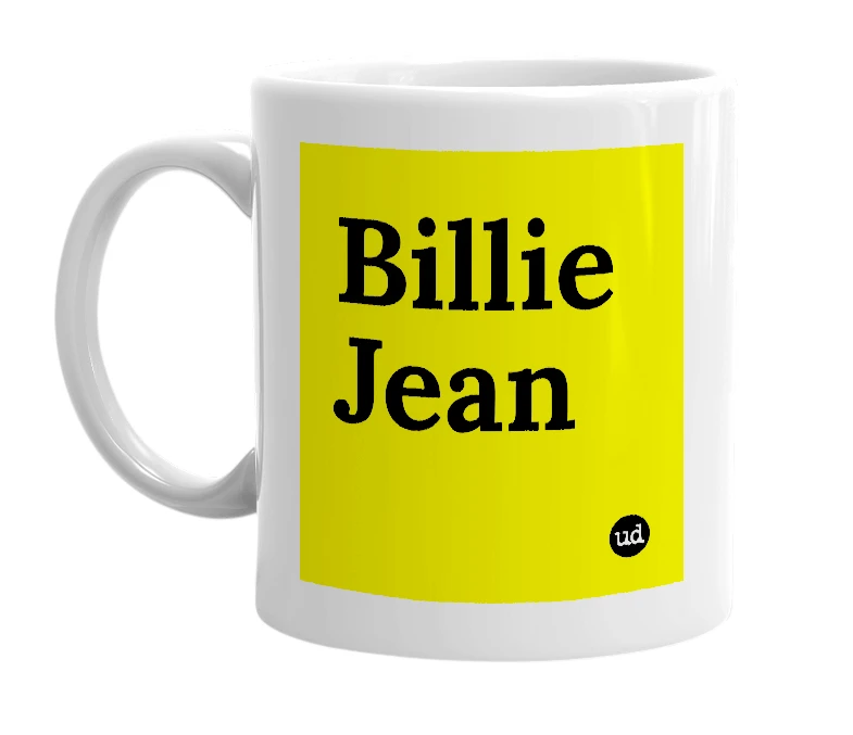 White mug with 'Billie Jean' in bold black letters