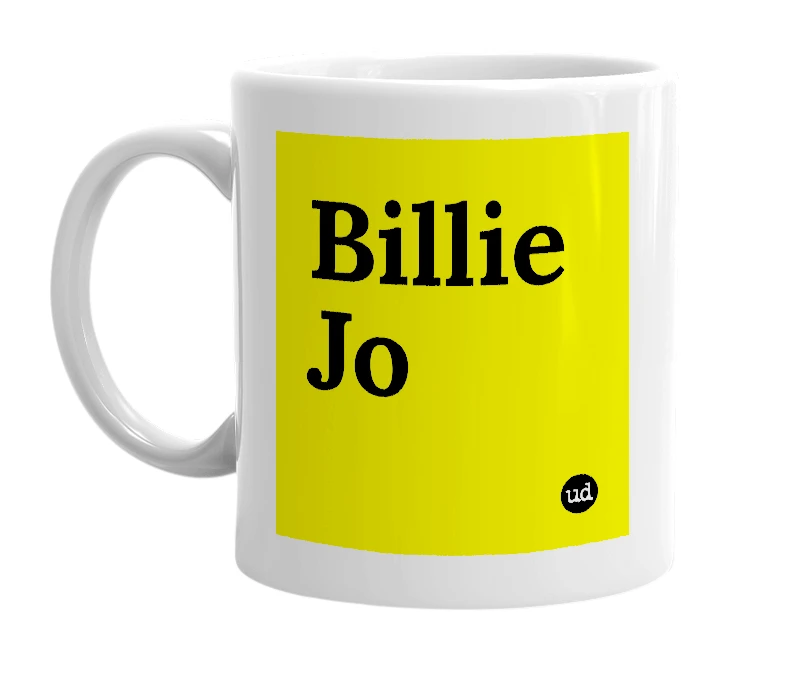 White mug with 'Billie Jo' in bold black letters