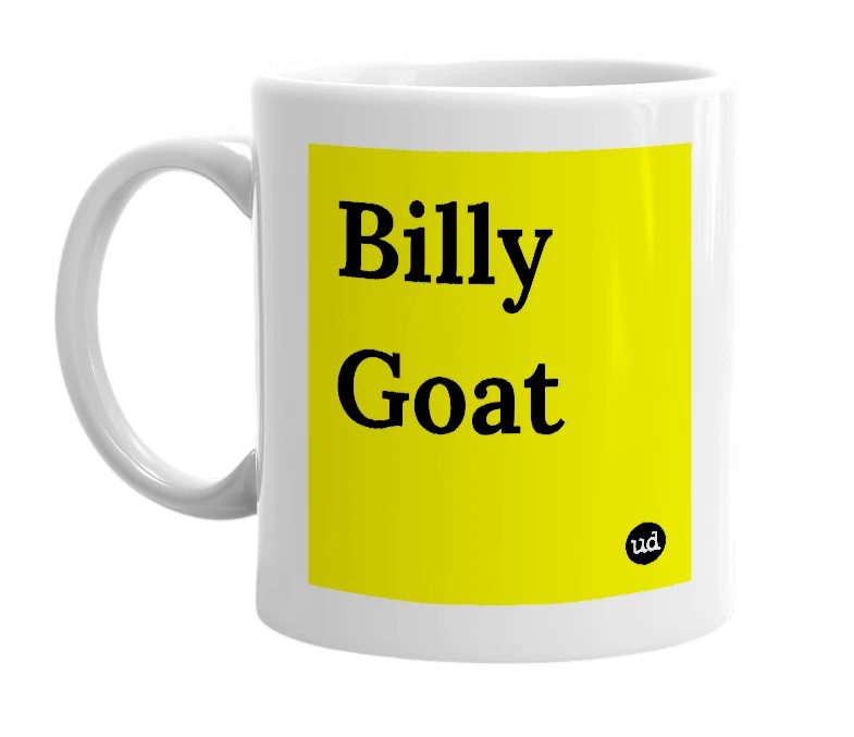 White mug with 'Billy Goat' in bold black letters