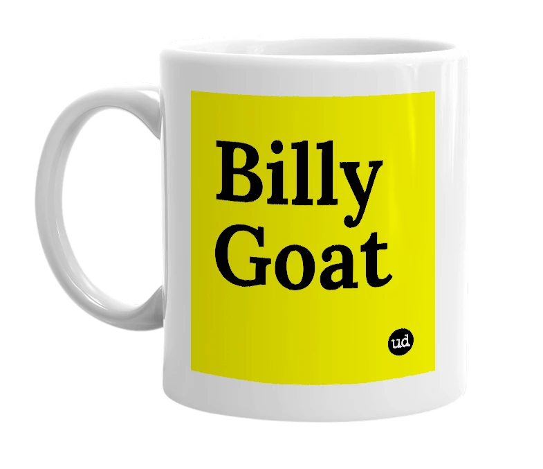 White mug with 'Billy Goat' in bold black letters