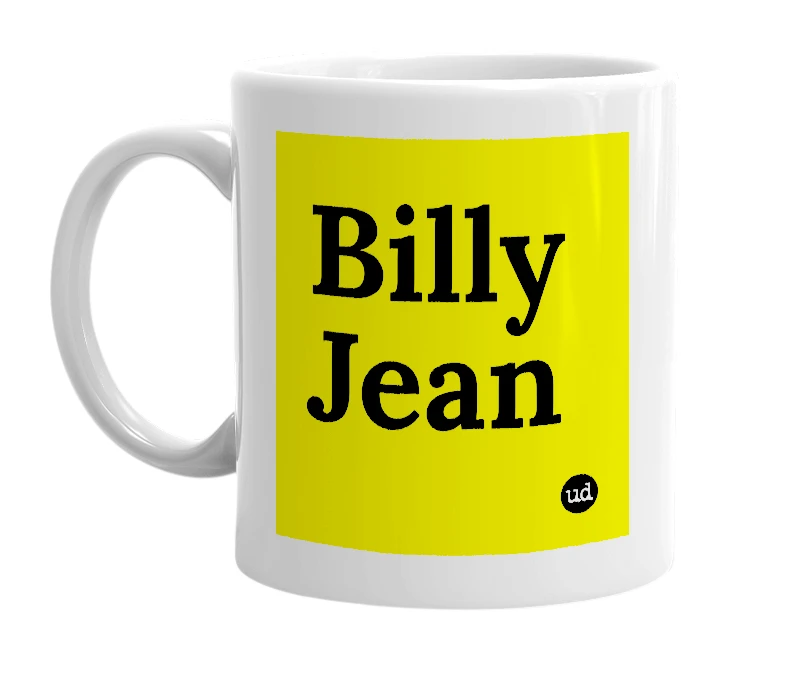 White mug with 'Billy Jean' in bold black letters