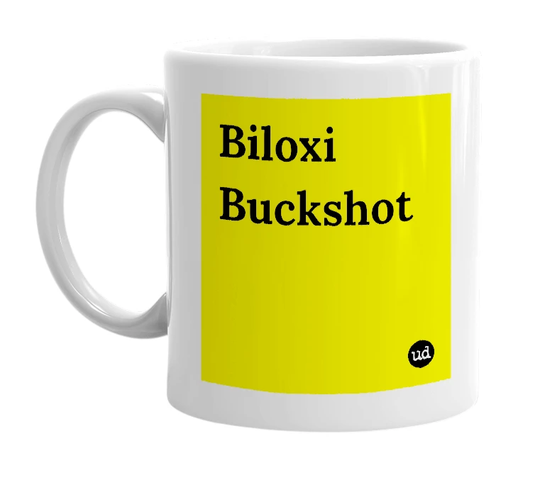White mug with 'Biloxi Buckshot' in bold black letters