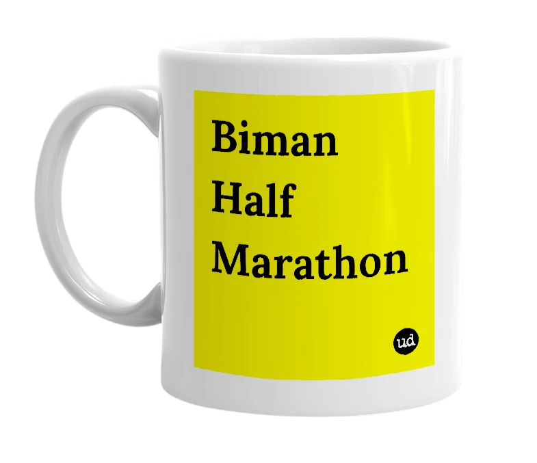 White mug with 'Biman Half Marathon' in bold black letters