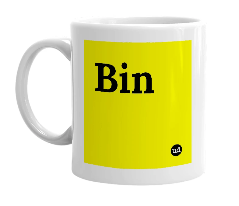 White mug with 'Bin' in bold black letters