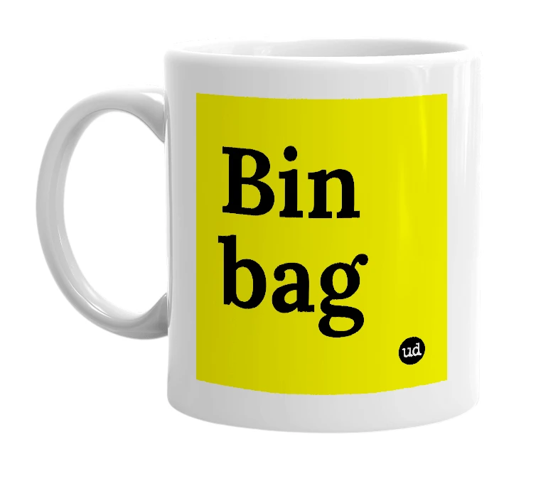 White mug with 'Bin bag' in bold black letters