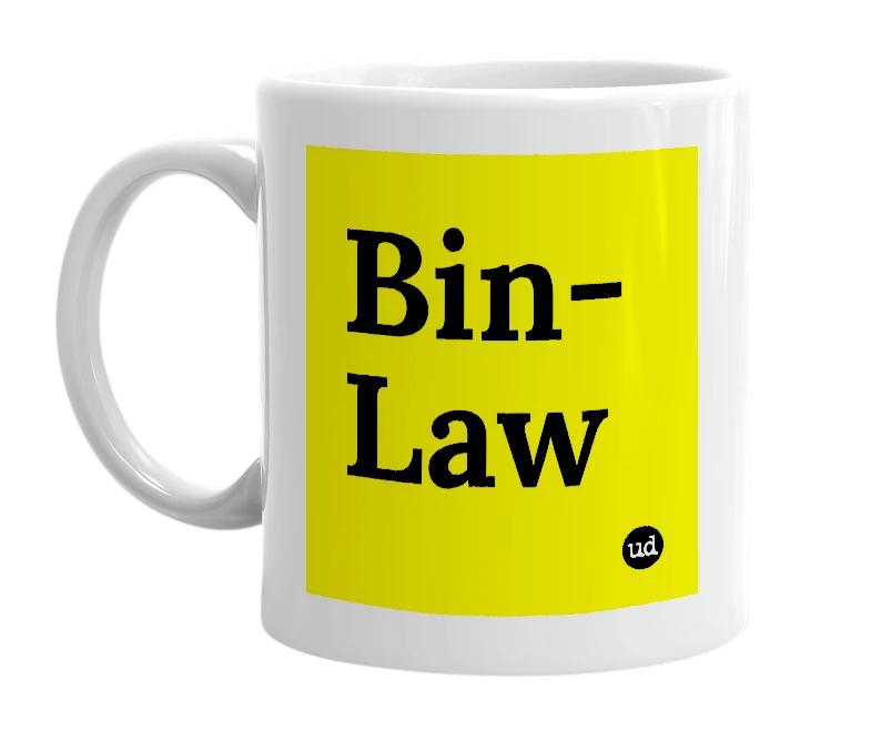 White mug with 'Bin-Law' in bold black letters