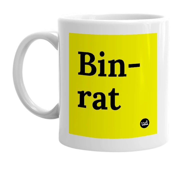 White mug with 'Bin-rat' in bold black letters