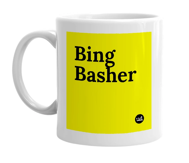White mug with 'Bing Basher' in bold black letters