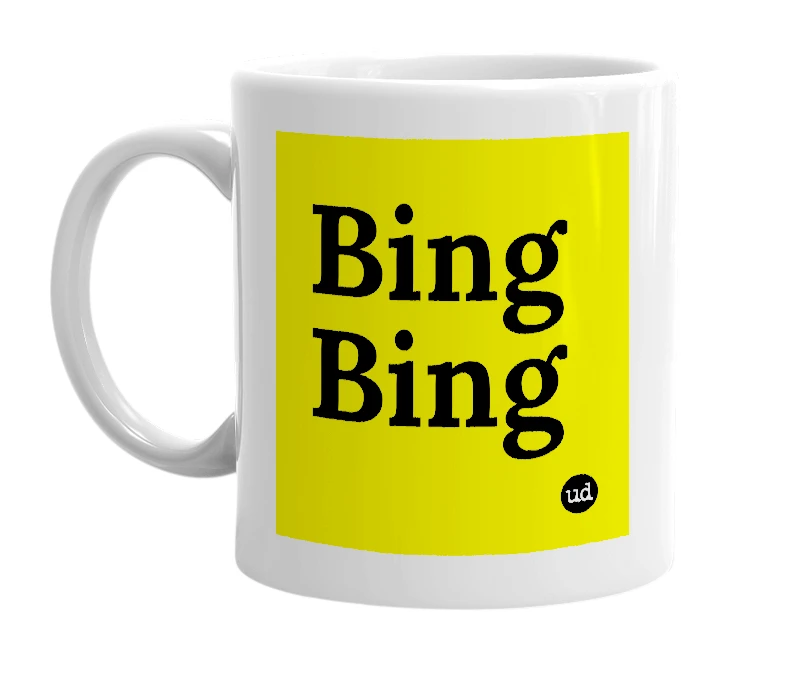 White mug with 'Bing Bing' in bold black letters
