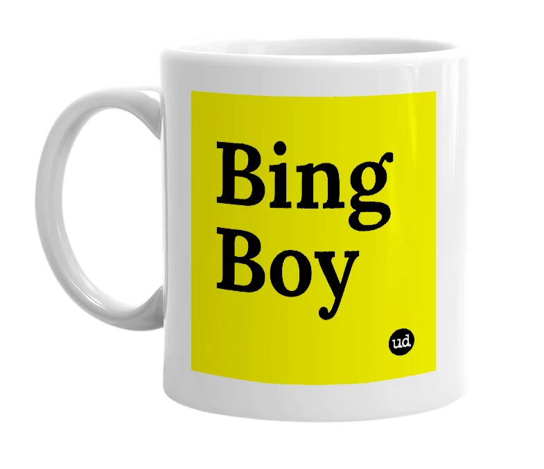 White mug with 'Bing Boy' in bold black letters